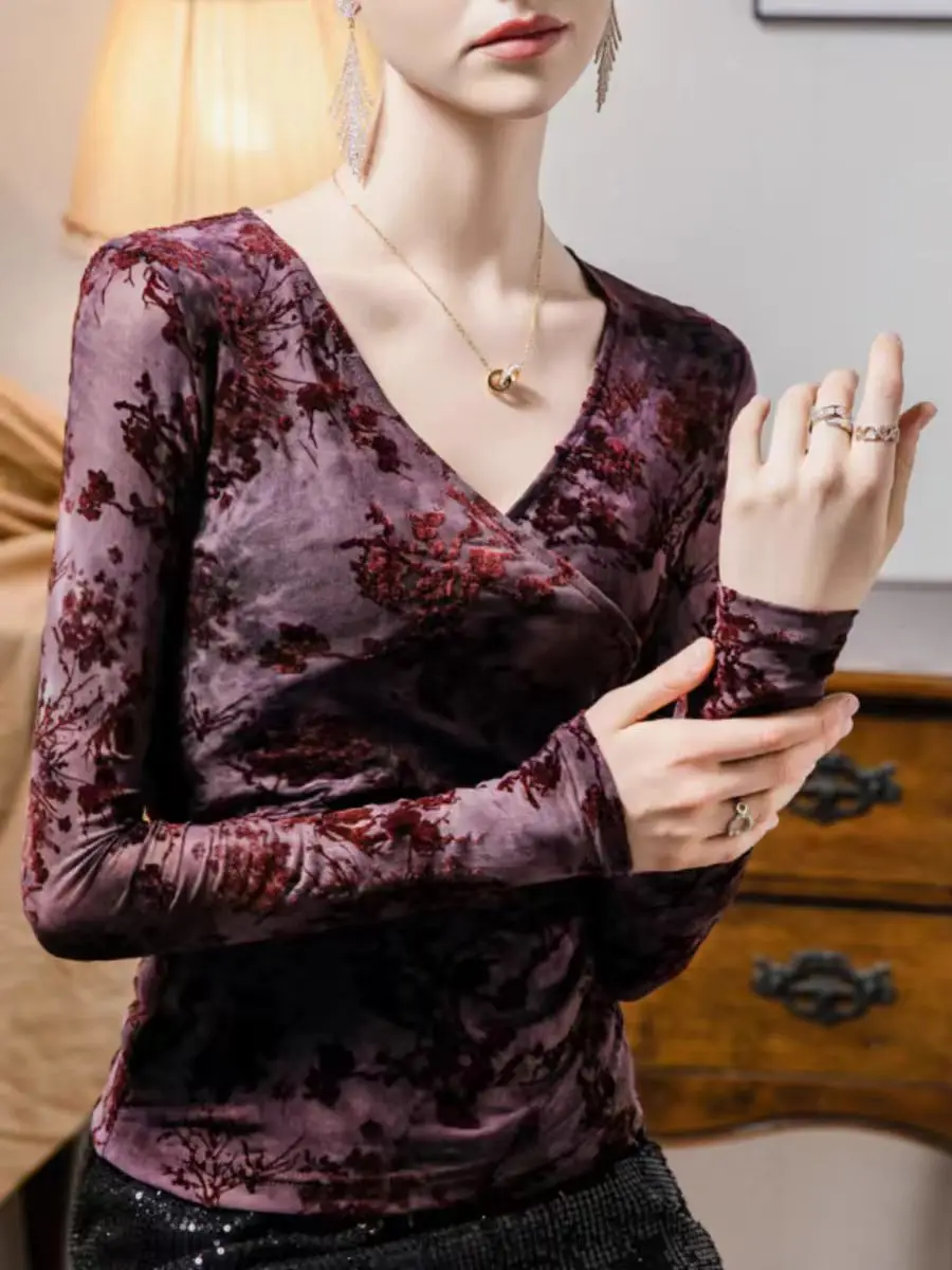 Spring Autumn Long-sleeved T-shirts Flocking Flowers Mesh Tees Female Slim Thin Irregular Top Cross V Neck Tshirt for Girls