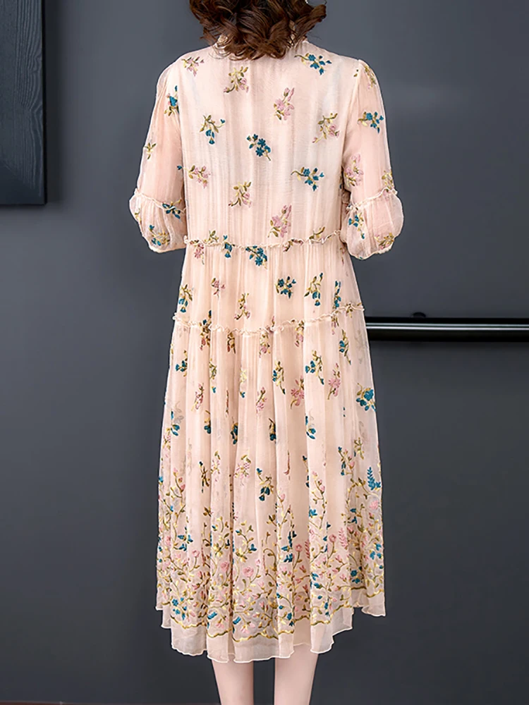 Vestido holgado de seda con bordado Floral para mujer, ropa elegante y elegante con cuello con volantes, informal, estilo Vintage, y el hogar para fiesta, novedad de verano 2024