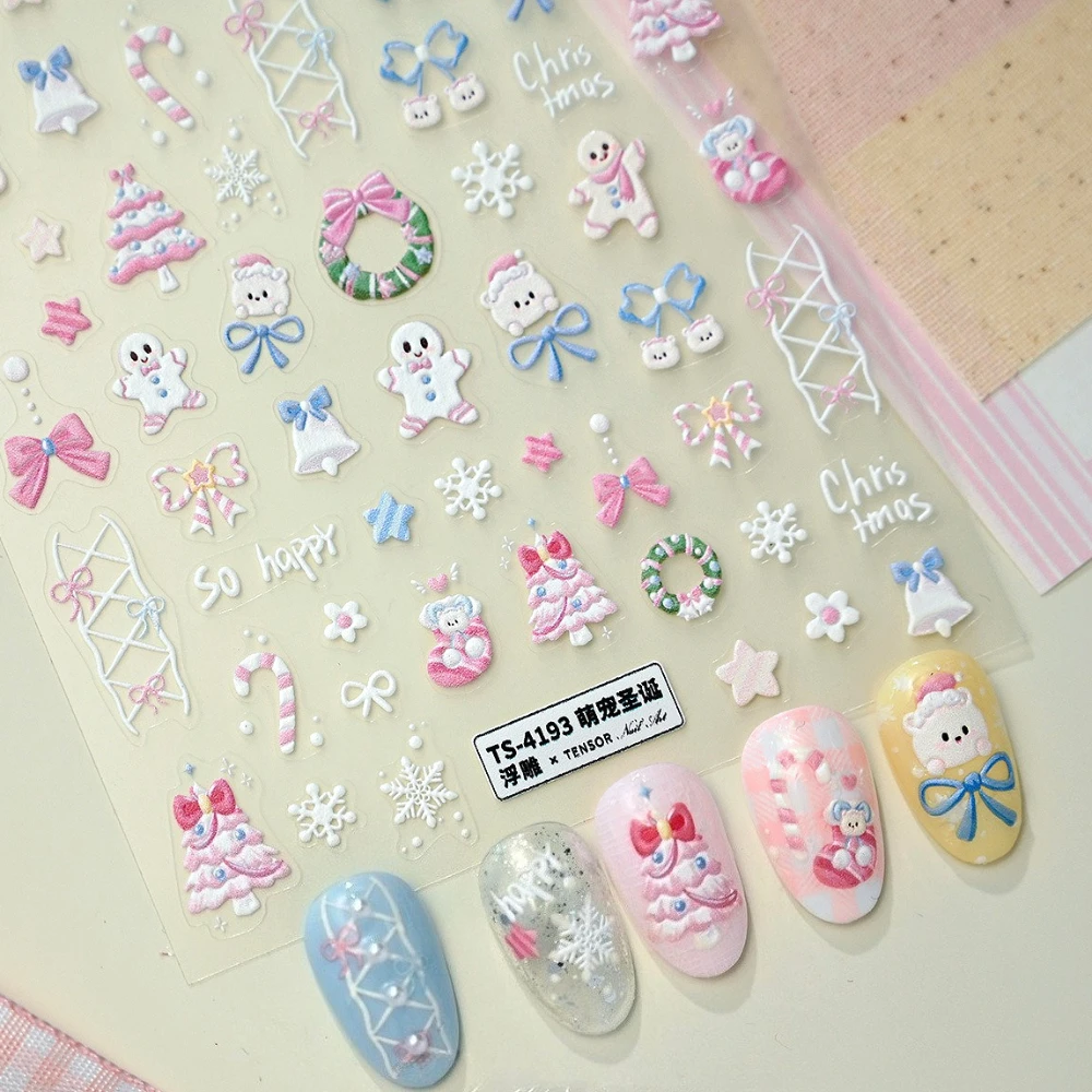 

Pink Blue Bowknot Star Christmas Tree Bell Snowflake Garland Cute Bear Snowman 5D Embossed Nail Art Sticker Xmas Manicure Decals