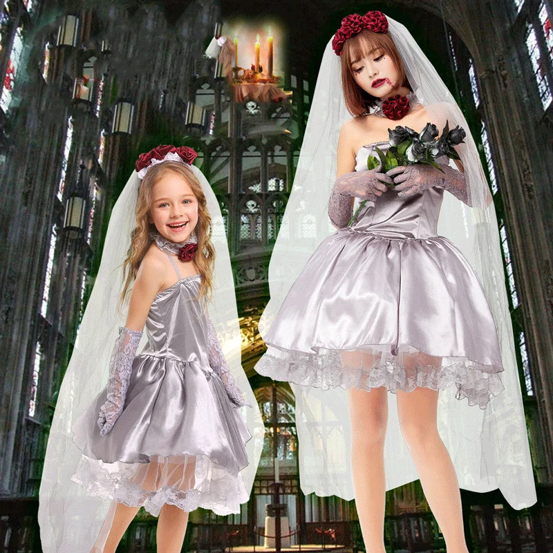 Kostium na Halloween dla dorosłych, przebranie czarownicy, strój ślubny, pasujące stroje dla rodziców i dzieci, maskarada, impreza w barze, występ...