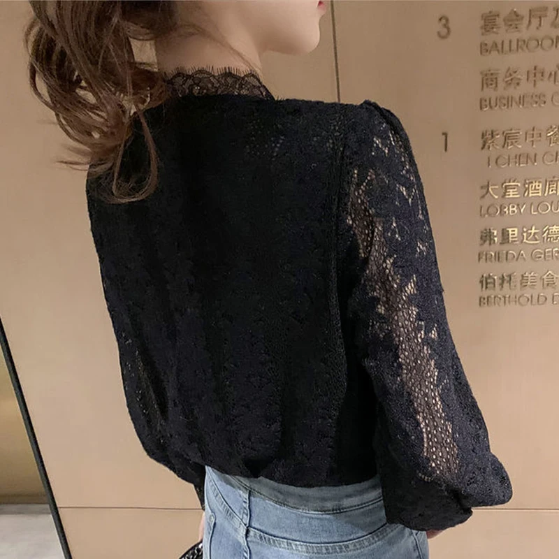 Spring Summer Elegant Fashion V-neck White Lace Shirt Female Long Sleeve Casual All-match Pullover Blouse Top Women \'s Clothing