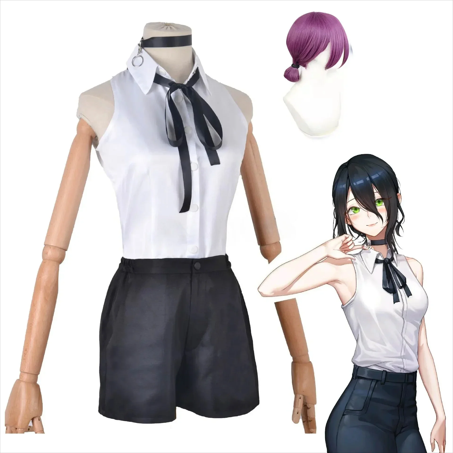 Anime Chainsaw Reze Cosplay Costume Outfits Shirt Tie Short Wig Neck Ring Women Uniform Halloween Party