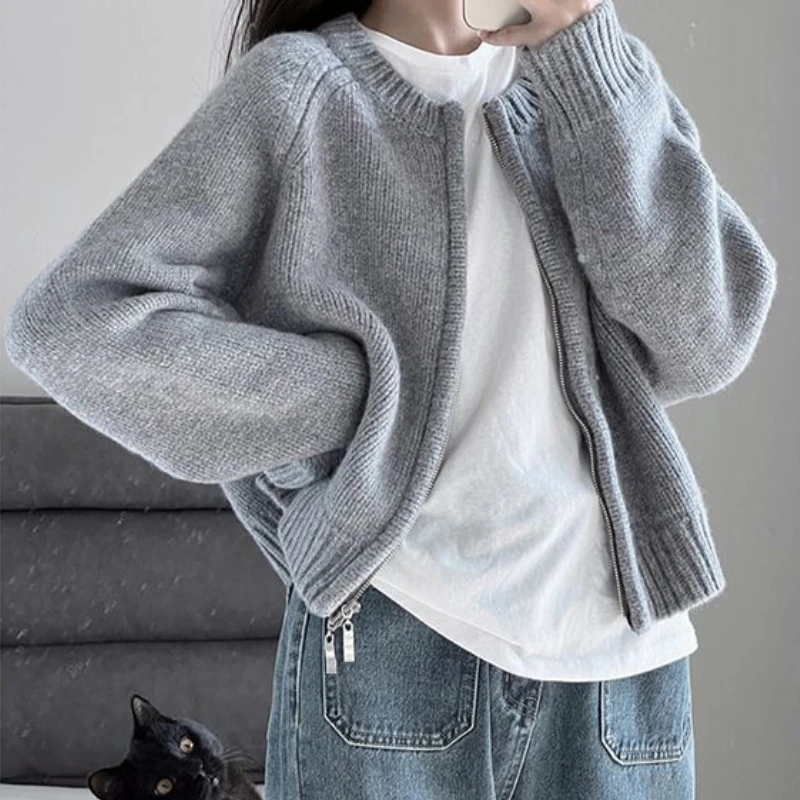 Zip-up Loose Cardigan Women Cozy Outwear Pure Casual O-neck Streetwear Tender Fashion Knitted Students Ulzzang Кардиган Женский