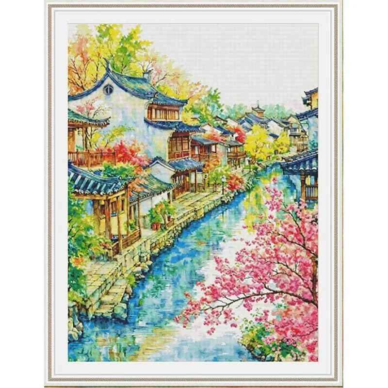 Jiangnan Town 14CT 16CT Printed On Canvas Cross Stitch DIY Set Chinese Pattern Kit Home Needlework Embroidery