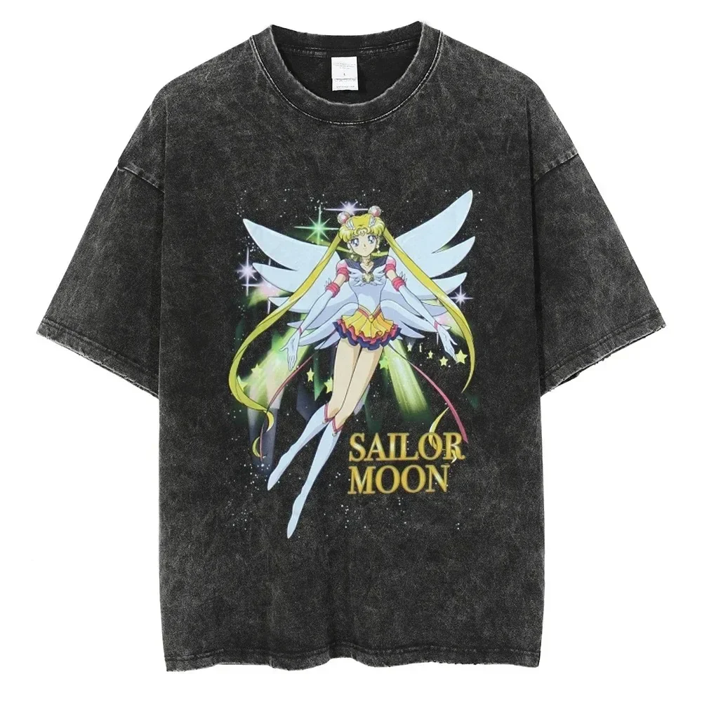 Sailor Moon Vintage Washed Herren T-Shirts Bedruckt Sommer Amercan Streetwear HipHop Damen Übergroßes Kurzarm-T-Shirt Harajuku