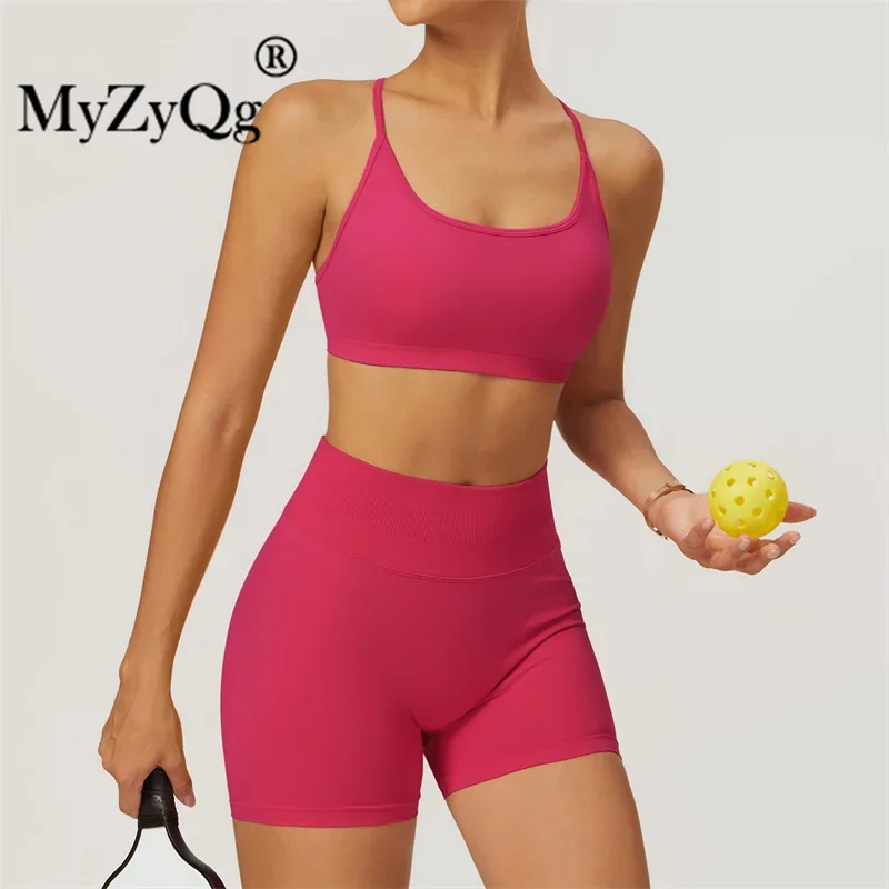 MyZyQg Women Seamless Crossover Back Yoga Bra Shorts Set Summer Sports Quick Dry Top Fitnes Workout Tops 2 Piece Outfit