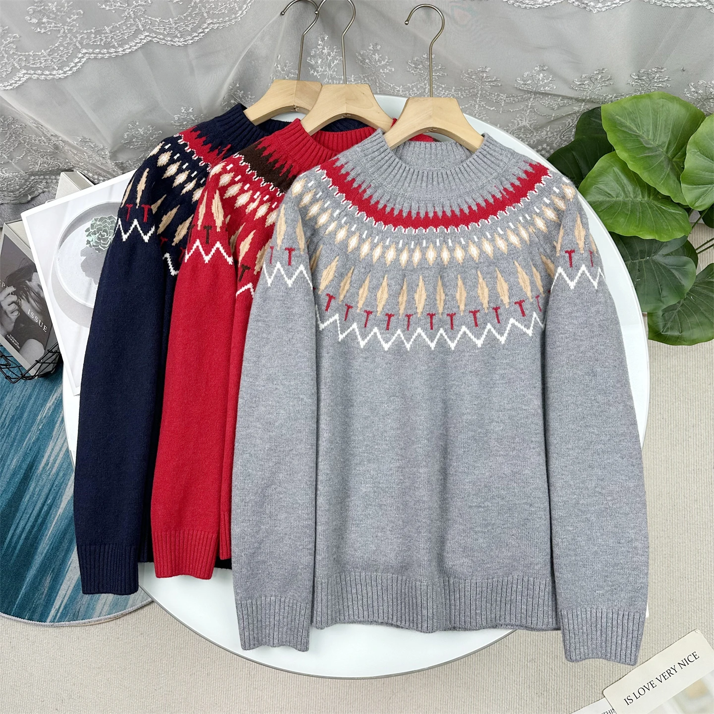 

Рождественский красный свитер с узором Fair Isle, круглый вырез, длинный рукав, повседневный свободный крой, вязаный с геометрическим узором, зимняя мода для женщин
