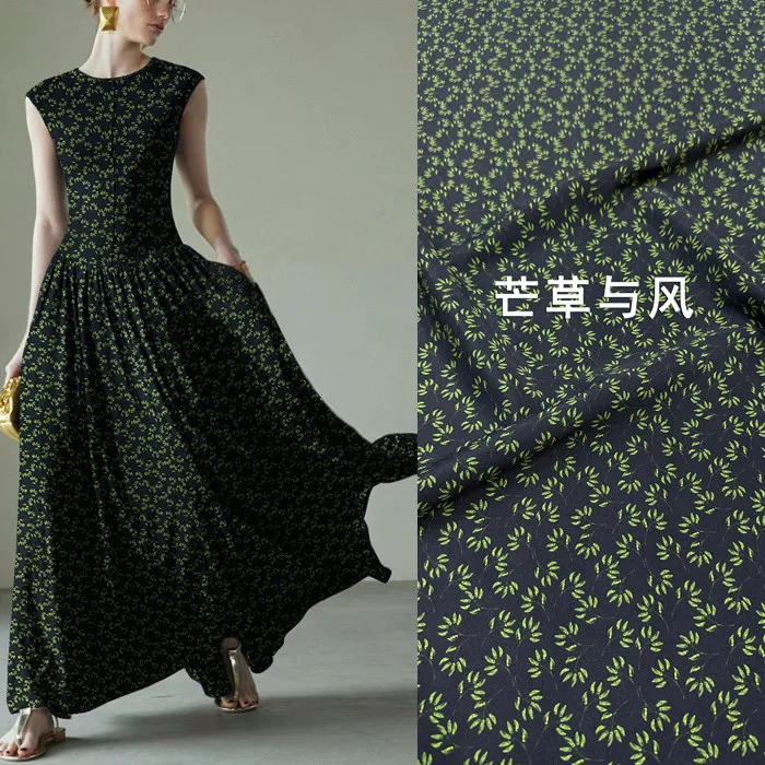 Black And Green Dense Botanical Print Silk Stretch Crepe De Chine Fabric Mulberry Silk Material For Dresses Blouse