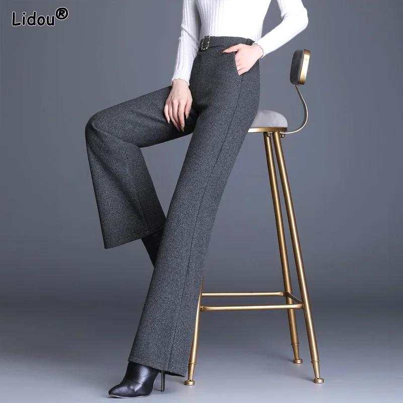 

Flare Pants Temperament Vintage Pockets Sequined Patchwork Solid Women's Clothing Elastic Waist Office Lady Autumn Winter Drape