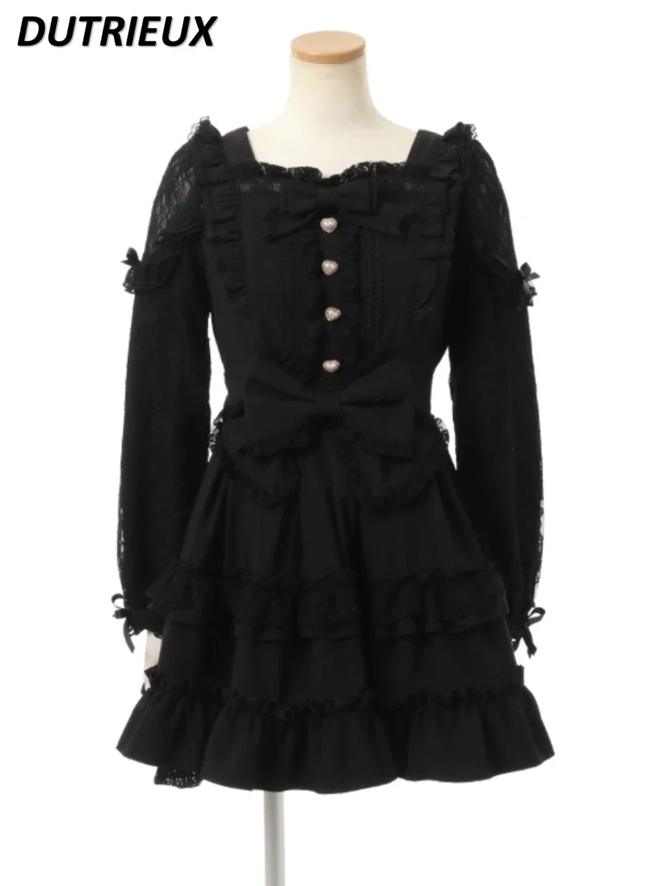 Vestido Lolita de manga comprida feminino, vestido com camada de bolo com fita, vestido sem alças para meninas, renda produzida em massa estilo japonês, primavera e verão