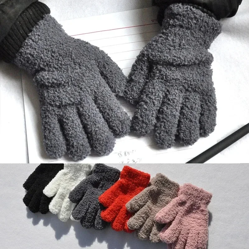 1-3Pair Children Plush Gloves Solid Color Kids Warm Thicken Mittens For Toddler Girl Boy Coral Fleece Knitted Full Finger Glove