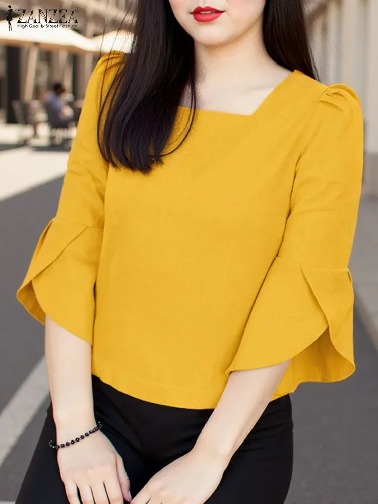 

ZANZEA 2025 Summer Elegant Women Blouse Chic Puff 3/4 Sleeve Tops Korean Fashion Square Collar Tunics Vintage Party Shirt Blusas