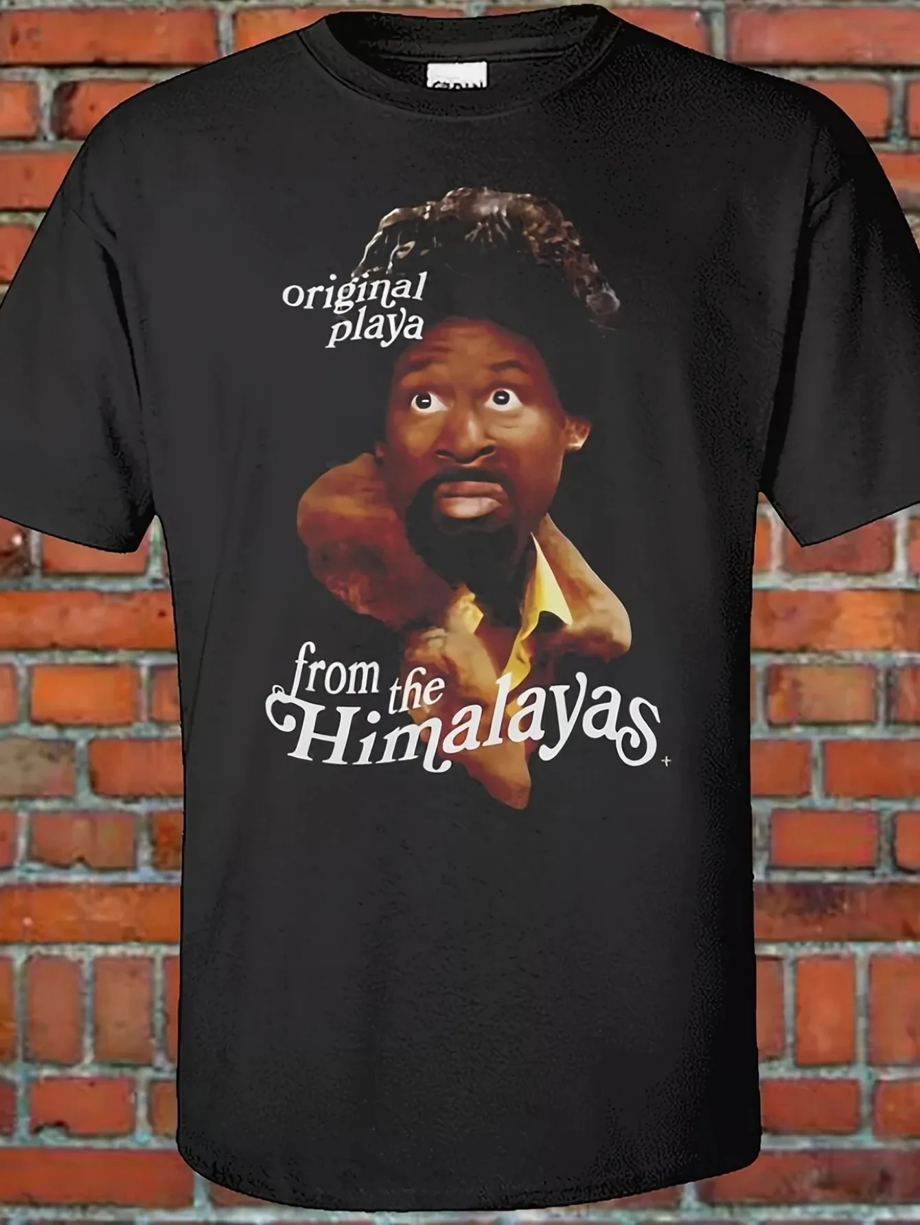 Original Playa From The Himalayas Men's Plus Size T-Shirt - Eye-Catching Graphic Design Featuring Curly Hair and Beard Character with Yellow Collared Shirt and Brown Fur-Like Neck Garment, Fun and Humorous Crew Neck Tee for Casual Wear