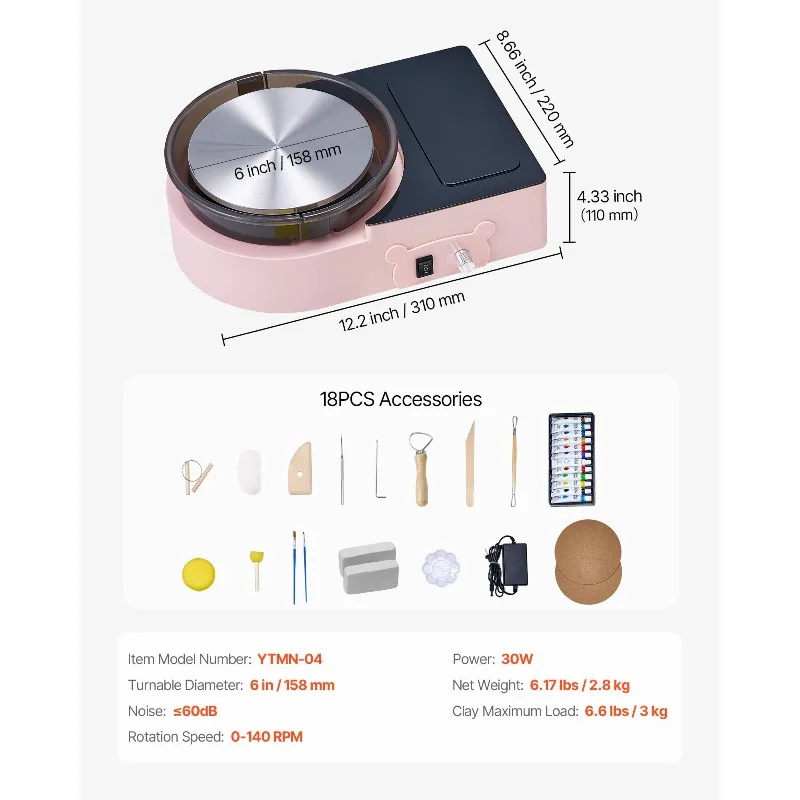 Mini Pottery Wheel Electric Clay Wheel for Minis and 6 inch Pink