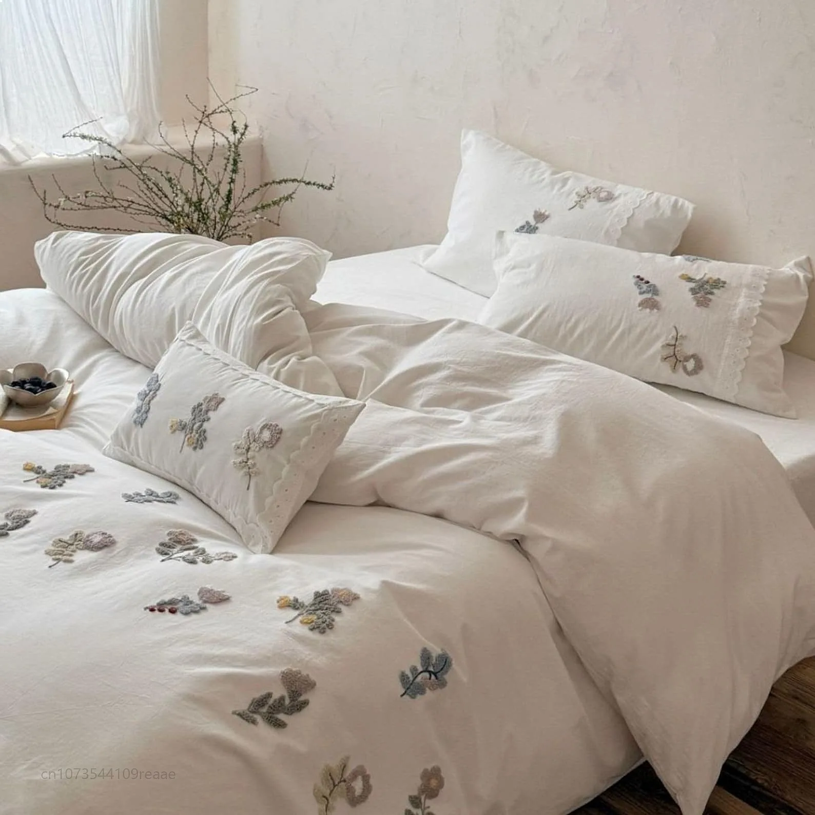 Washed Cotton Duvet Cover Only French Embroidered Soft Breathable Bedding Set