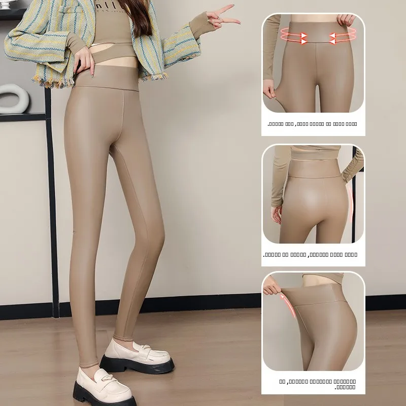 Calças Femininas de Couro PU de Cintura Alta, Forradas, Modeladoras, Tamanho Grande, Justas e Quentes para Outono e Inverno