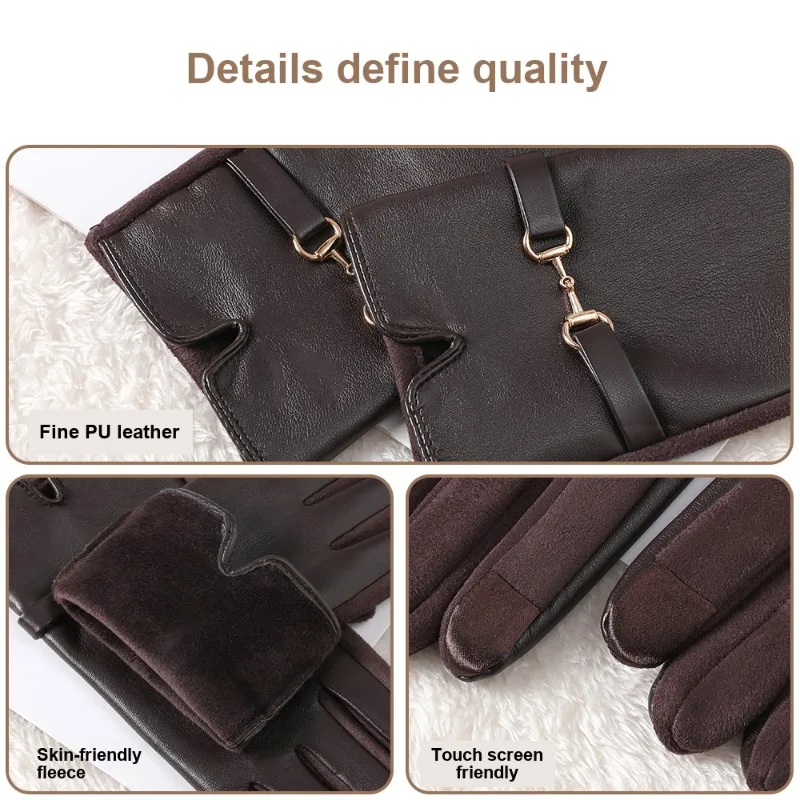 Women s PU Winter Gloves Cold Resistant Fleece Lined Thickened Windproof Touch Screen Gloves for Driving Cycling Outdoor Use