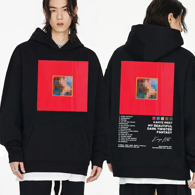 Kanye West-Sudadera con capucha para hombre y mujer, suéter de forro polar negro con estampado de póster de cubierta de álbum de fantasía retorcida