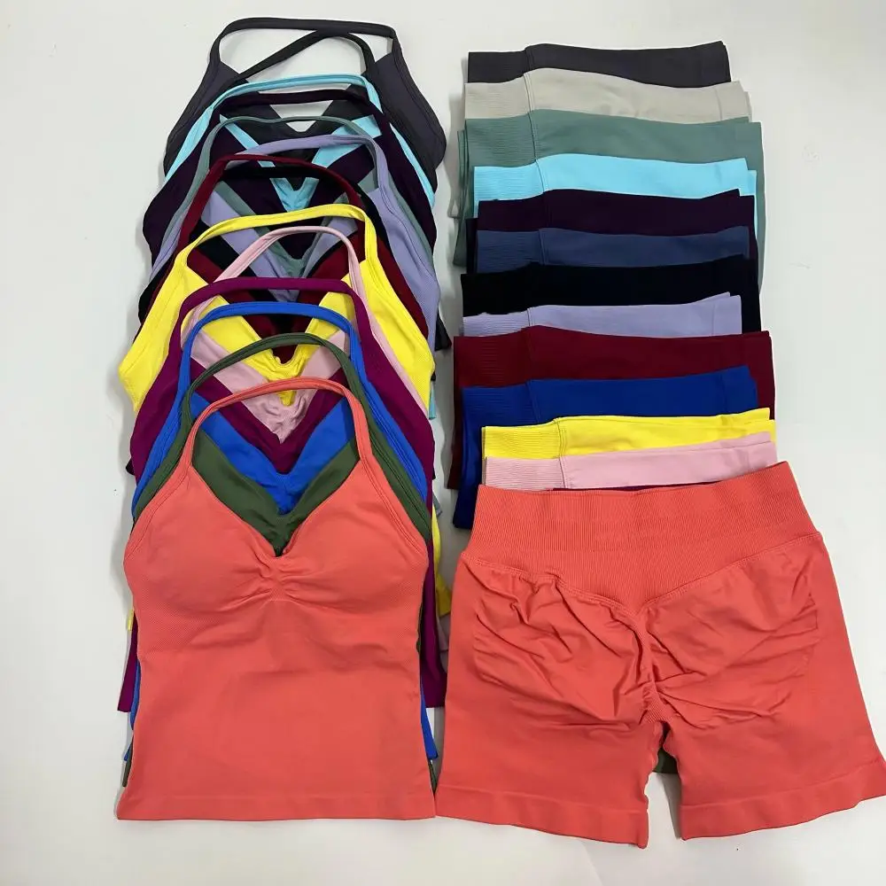 

Бесшовный комплект для йоги, 2 шт., женский мягкий топ на бретельках, подтягивающие ягодицы, спортивные шорты, комплект летней спортивной одежды, одежда для тренировок