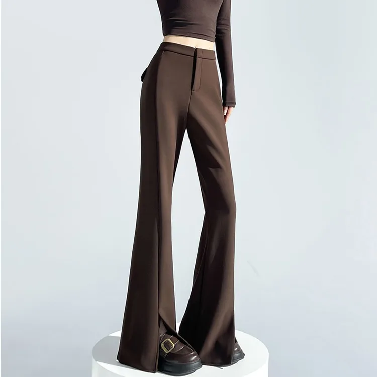 High Waist Wide Leg Flared Casual Pants Women's Fce Lined  Flare Suit Pants Asymmetrical Zipper ket Pants