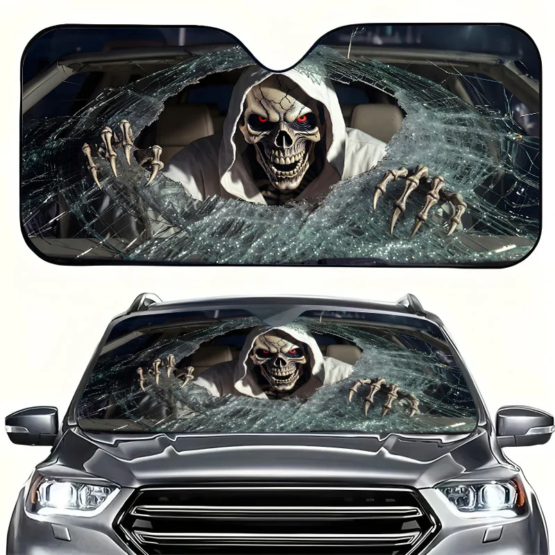 1pc Skull Design Car Sunshade, Foldable Storage, Effectively Prevents Temperature Rise. As A Windshield Sunshade, This Protectiv