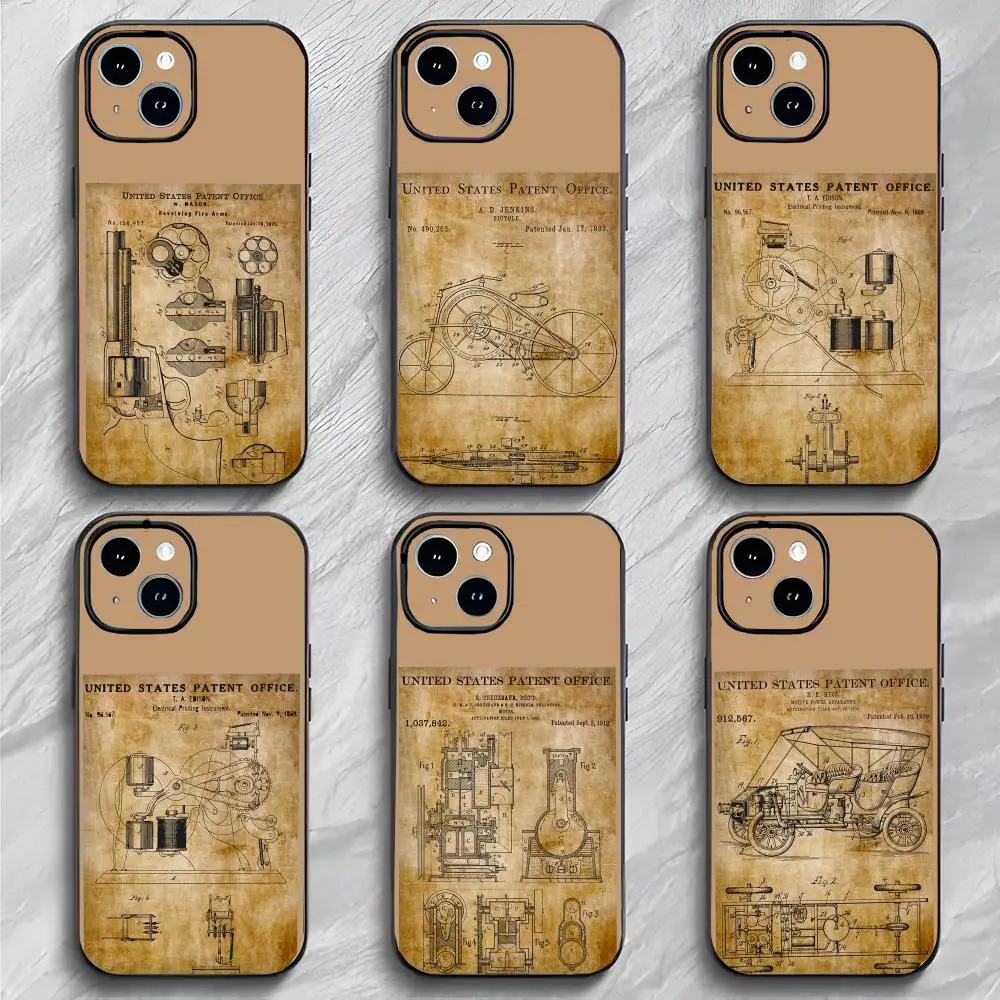 Funda para Teléfono con Diseño de Patente de Instrumento Antiguo Vintage, Negra Mate, Delgada y Anticolisión para iPhone 17 16 15 14 ProMax