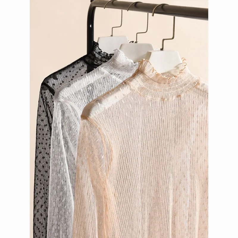 

Кружевная прозрачная сексуальная женская футболка, модная сетчатая летняя рубашка с тонким низом, прозрачные блузки, женские топы, однотонная футболка с высоким воротом