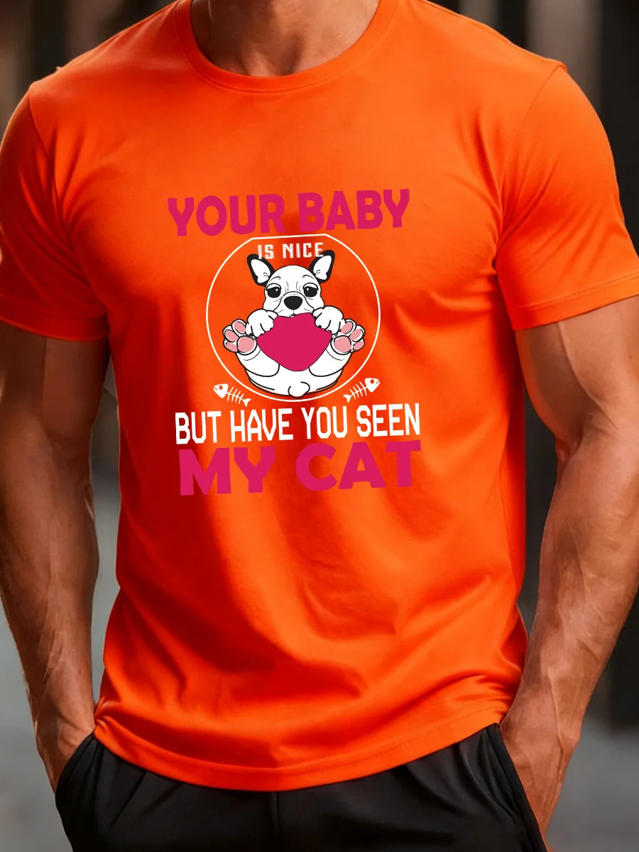 Camiseta naranja de manga corta con estampado de Bulldog Francés "Tu bebé es bonito pero te visto mi gato"