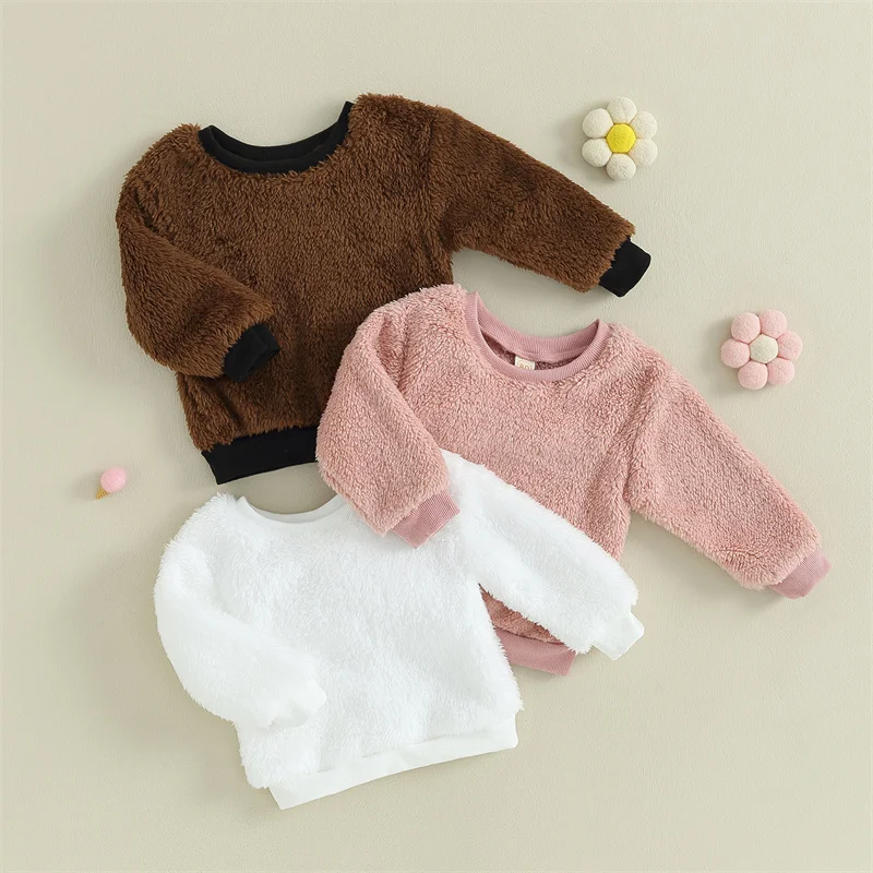 Toddler Kids Fuzzy Tops Sherpa Sweatshirts Crew Neck Long Sleeve Solid Color Girls Boys Fall Winter Warm Pullovers