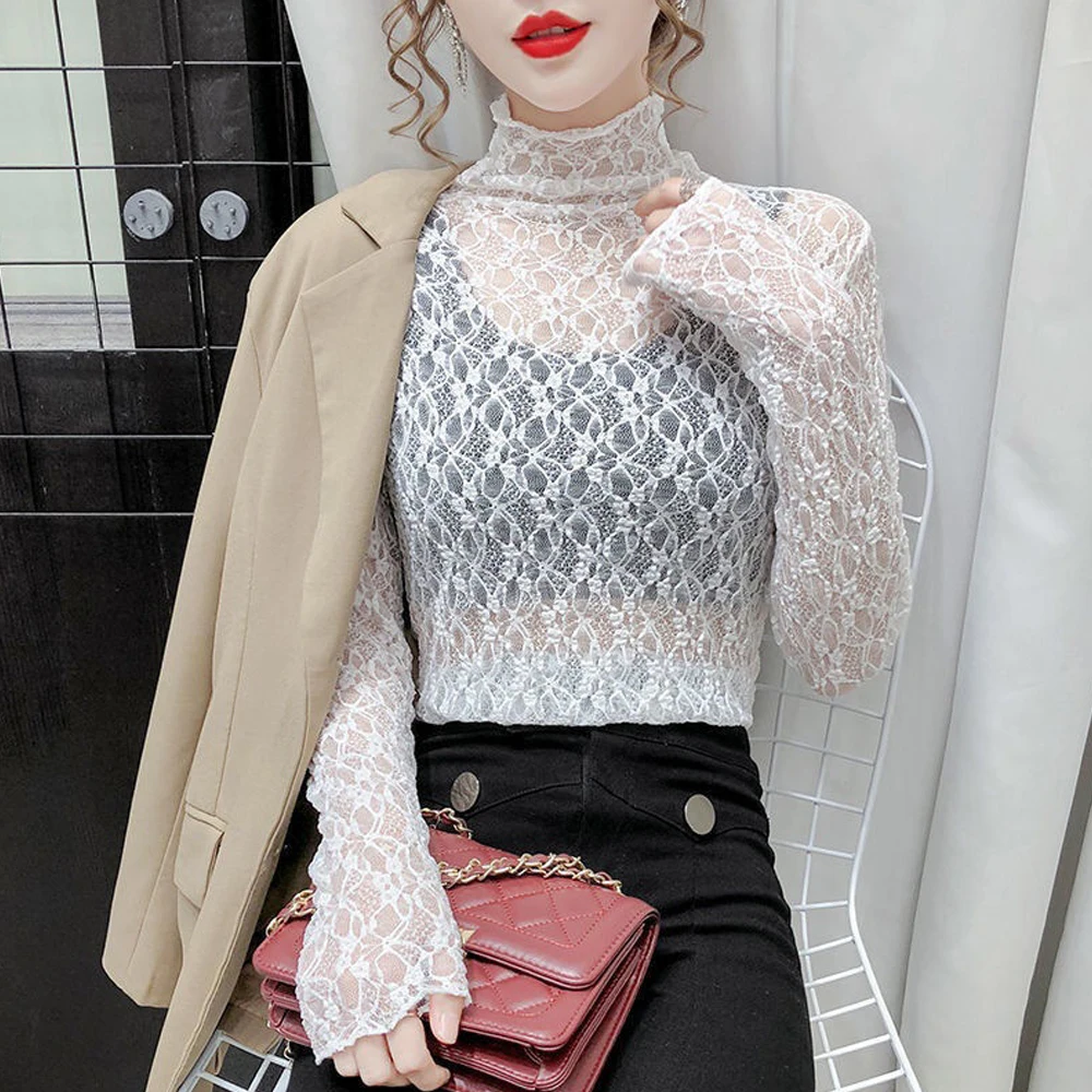 Ladies Elastic Flower Lace T Shirt Women Stretch See Through Shirt Black White Apricot Color Blouses O Neck Long Sleeve S-XL Top