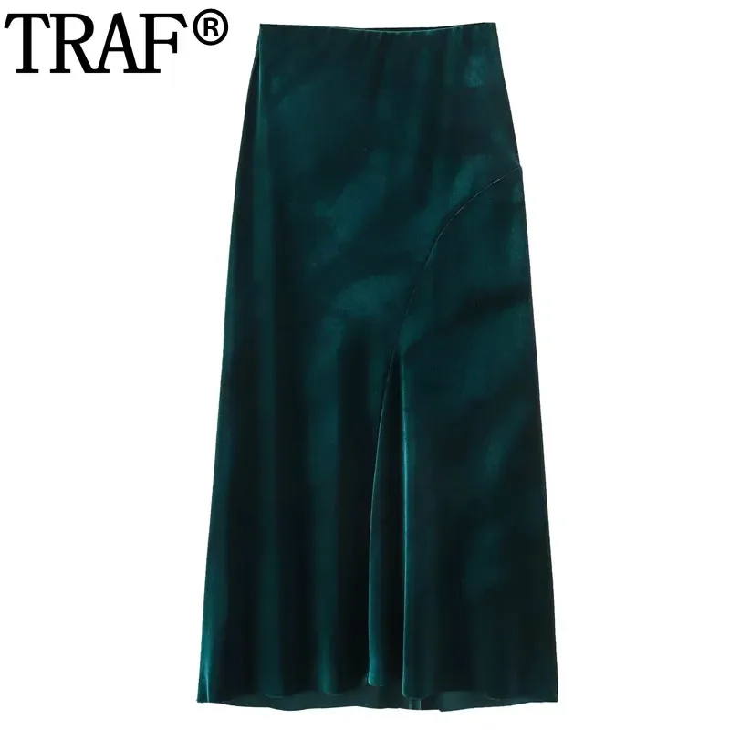 

TRAF Green Velvet Skirt Woman High Waist Long Skirts For Women Stylish Elegant Social Women's Skirts Autumn Winter Midi Skirt