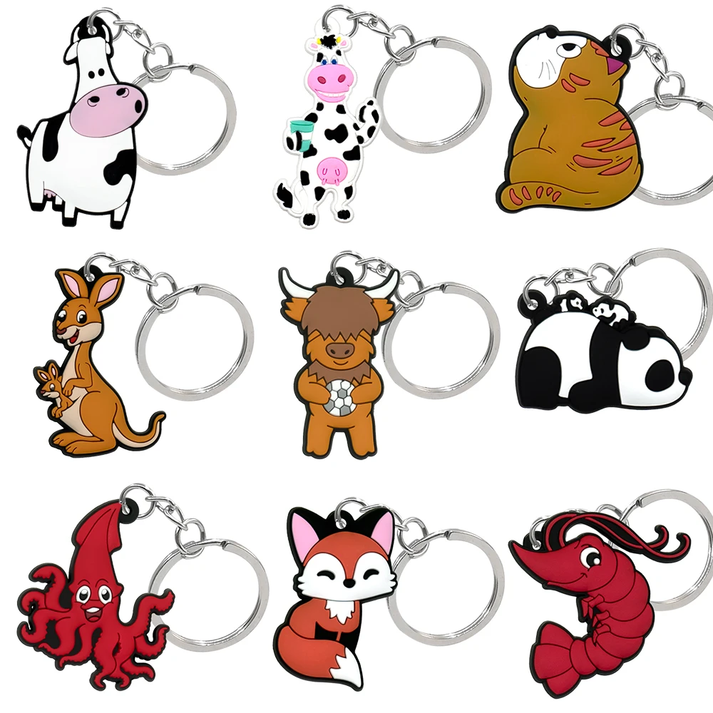 1PCS Cute Animal Keychain Kawaii Fox Panda Kangaroo Highland Cattle Keyring Cool Car Key Accessories Men Boys Key Gift Jewelry