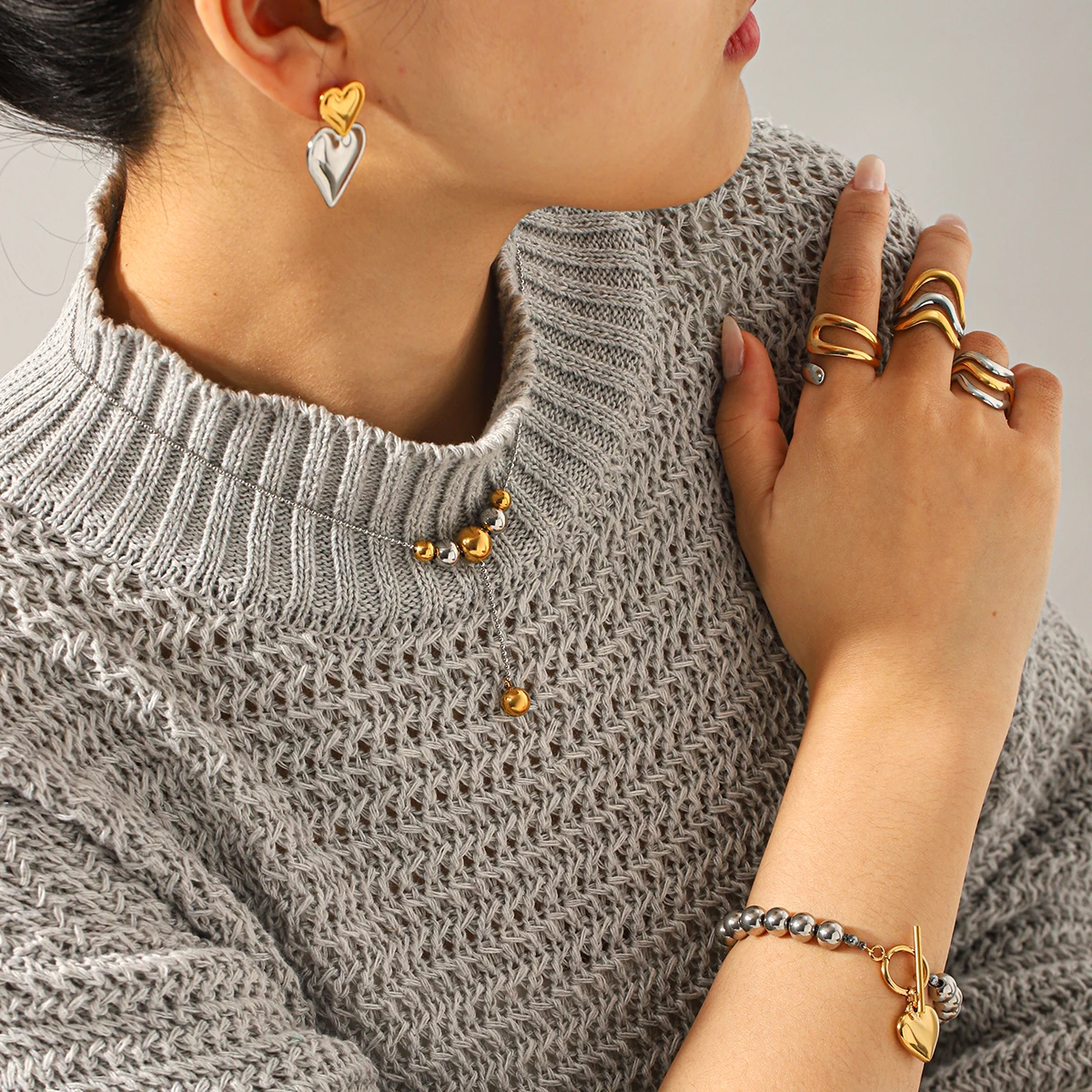 

Heart Shaped Tassel Pendant Earrings Collarbone Necklace Open Ring 18k Gold Plated Stainless Steel Women's Fashion Jewelry Gift