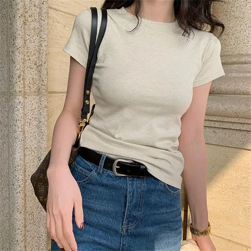 Women's High Quality Cotton T-shirt Short Sleeved Summer Simplicity Skinny Gray White Top Ladie Casual T-shirt