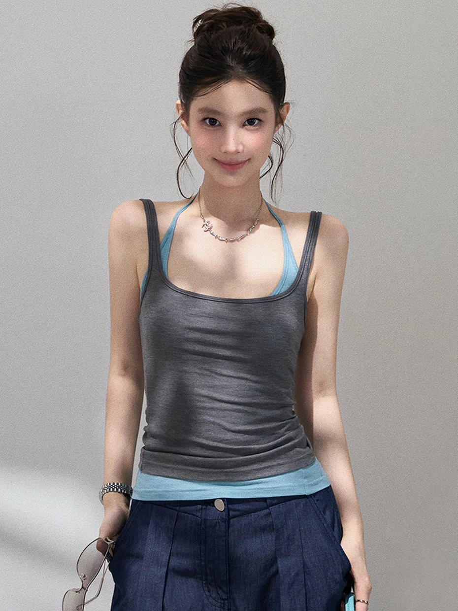 Women's Strapless Vest Top Summer Outfit Inner Wear Base Layer Backless Top Color Block Low round Neck Casual Style Polyester...