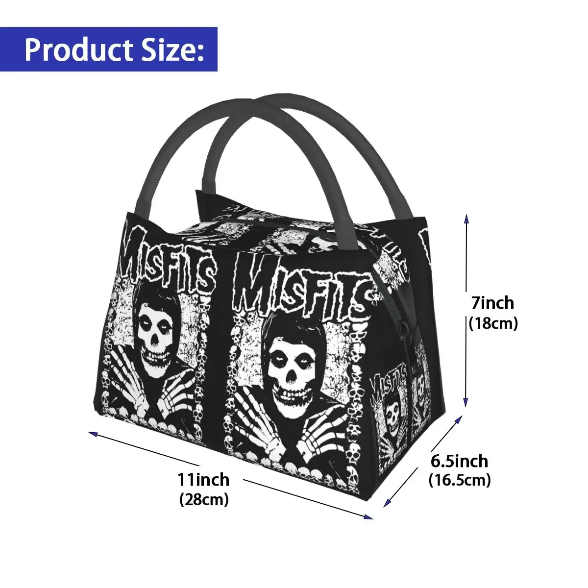 The M-Misfits Lunch Bag Rock Skulls Print Portable Insulated Lunch Box Picnic Cooler Bag Casual Waterproof Tote Food Bags