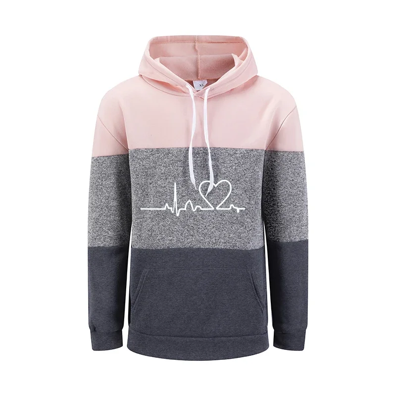 뜨거운 판매 여성 후드 하트 인쇄 캐주얼 스웨터 스포츠 조깅 탑 홈 따뜻한 컴포트 스플 라이스 여성 의류 가을