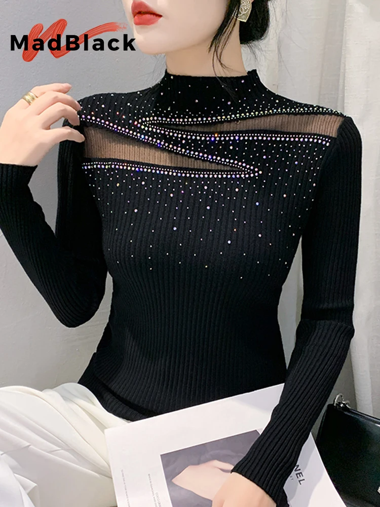 MadBlack, European Clothes Sweater, Sexy Women Mock Neck Diamonds Top, Patchwork Long Sleeve Slim Knitwear, Fall Winter T49925CC