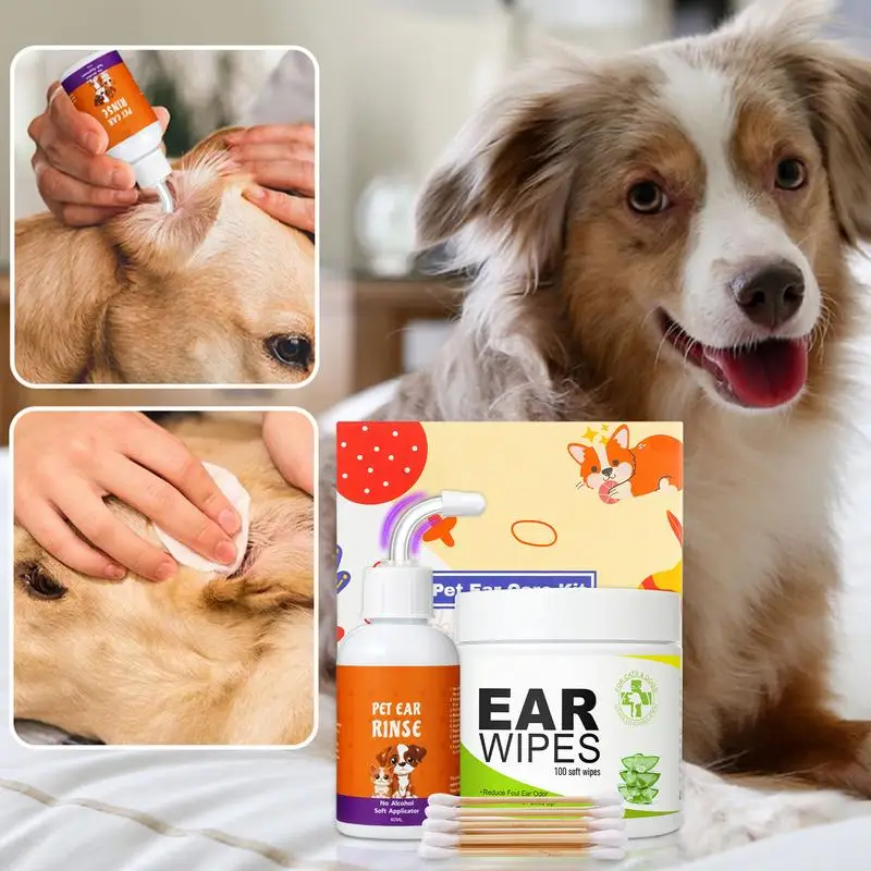 

Finger Wipes For Dogs Ears Ear Drops Set Puppy Cleaning Wipe 100X Descaling Liquid 60ml For Home Travel Pet Care Supplies For