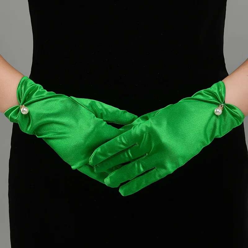 Weiße Satin-Hochzeitskleid-Handschuhe, kurz, elegant, Blütenblatt, Perlenschleife, Netzstoff, Brauthandschuhe, vielseitiges Foto-Accessoire, Perlen-Retro – Detail 15