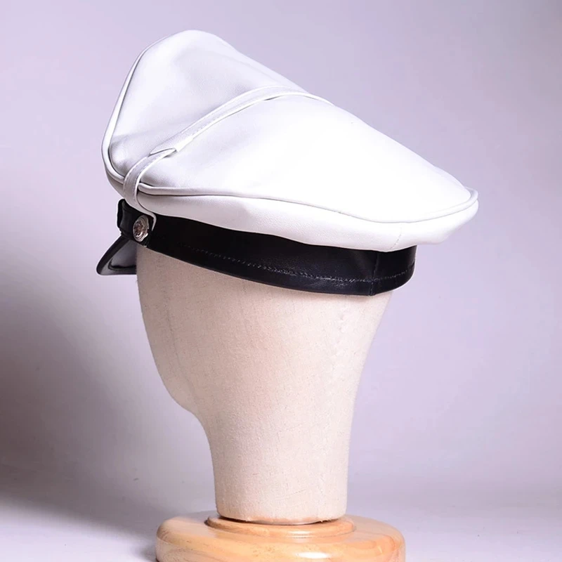 German Hat For Men White Classic Real Leather Motorcycle Heavy Machine Knight Caps Male Punk Locomotive Retro Officer General