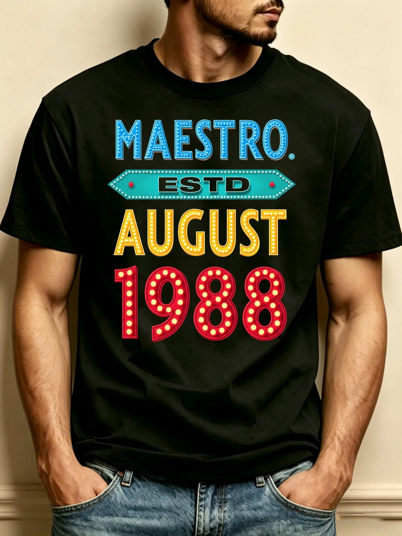 Vintage Letter-Print Men's Crew Neck T-Shirt, Loose Fit, Pure and Stylish, Versatile, Soft and Comfortable Fabric, Suitable for Daily Wear and Holiday Gifts, Maestro Was Established in August 1988, Perfect for Summer and Autumn