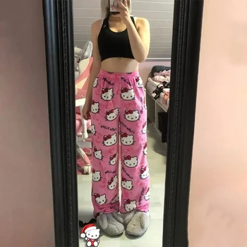 Meisjes Winter Nachtkleding Hello Kitty Sanrio Y 2K Pyjama Broek Vrouwen Casual Thuis Broek Koraal Fleece Zachte Broek Kerstcadeau