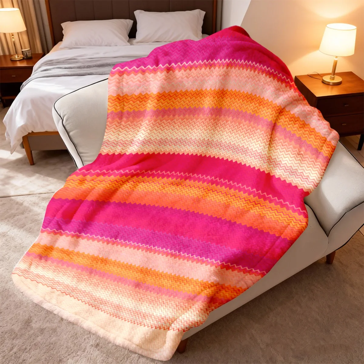 1pc Fuchsia Orange Ombre Chevron Stripes Flannel Nap Blanket Ultra Soft, Skin Friendly, Long Lasting, Super Comfortable Upgrade
