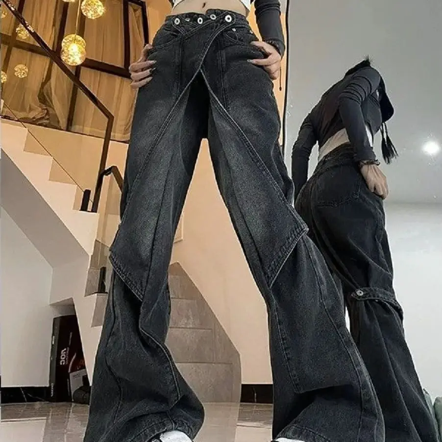 American Retro Heavy Industry Washing Work Jeans Women Deconstructed Pants High Street Straight Loose Wide-Leg Floor Trousers