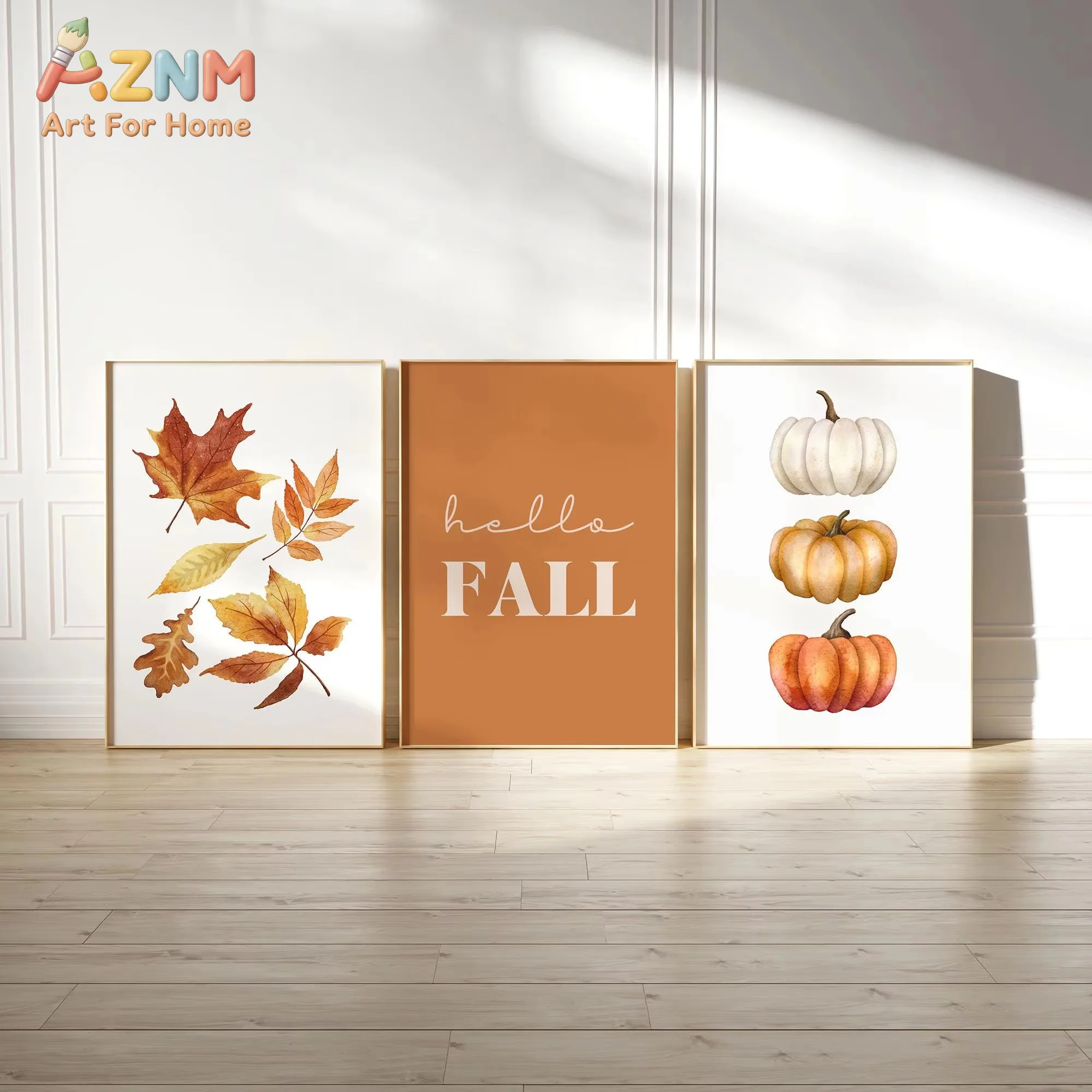AZNM Orange Hello Fall Printable Wall Art, Fall Leaves Print, Watercolor Pumpkin Autumn Print, Fall Quote Poster, Home Decor