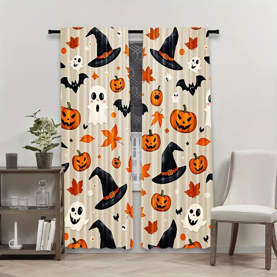 2PCS Digital Printed Curtains, Cute Pumpkins Ghosts Witch Hats Leaves Bats, Beige Cartoon Halloween Window Decor Kids Room