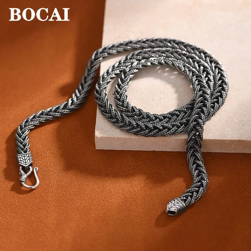 BOCAI Real S925 Silver Retro Woven Keel Chain Trendy Chopin Chain Couple Jewelry Men's and Women's Necklaces