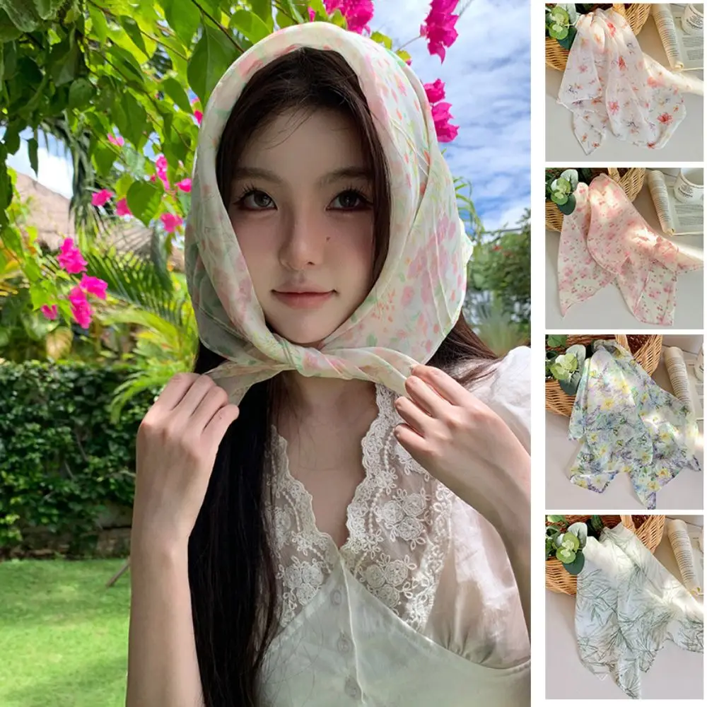 Pañuelo Floral francés para mujer, pañuelo cuadrado de gasa con protección solar, accesorios para fotos de viaje transpirables, bufanda para el cabello para primavera y verano