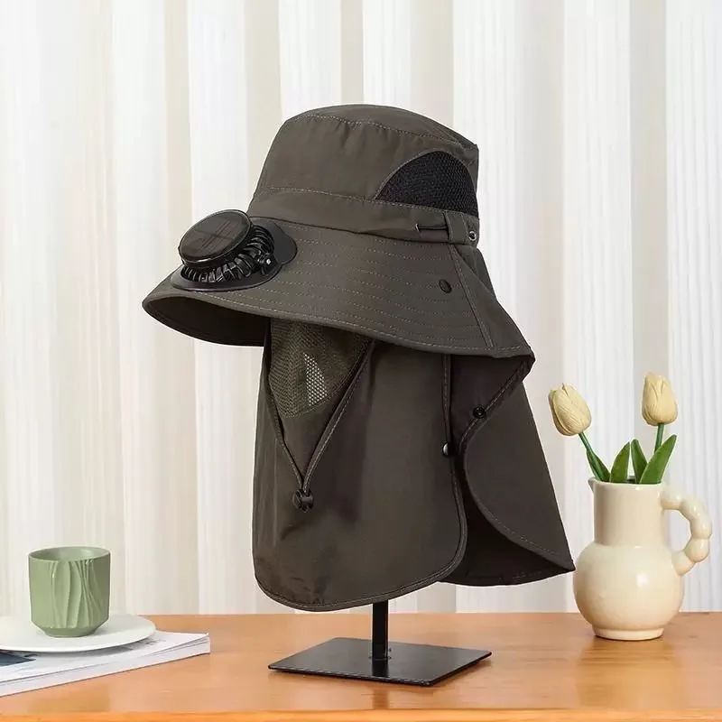 Solar USB Charging Fan Hat for Men Wide Brim Shawl Anti-ultraviolet Fisherman Hat For Summer Fishing Hiking Sun Protection Cap
